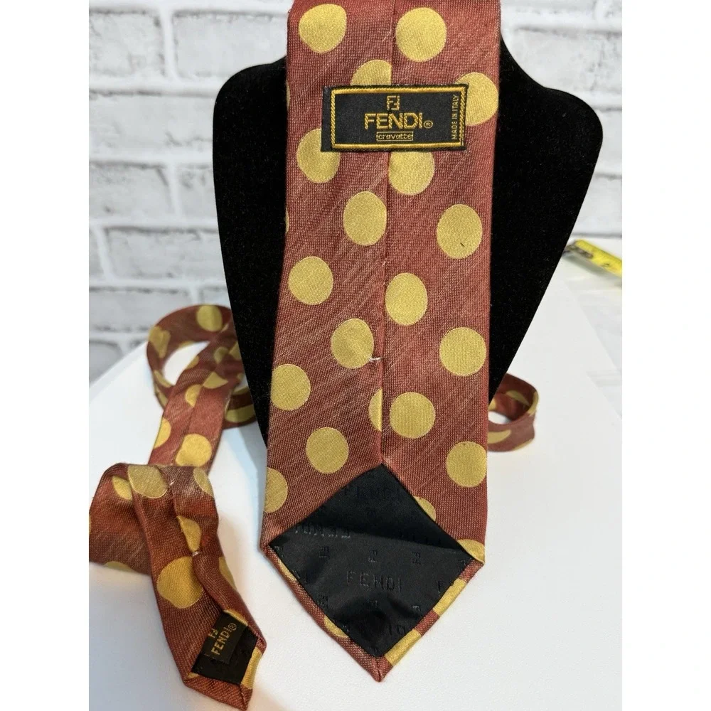 Vintage Fendi Cravatte Silk Necktie Brown Gold Polka Dot Made In Italy Tie